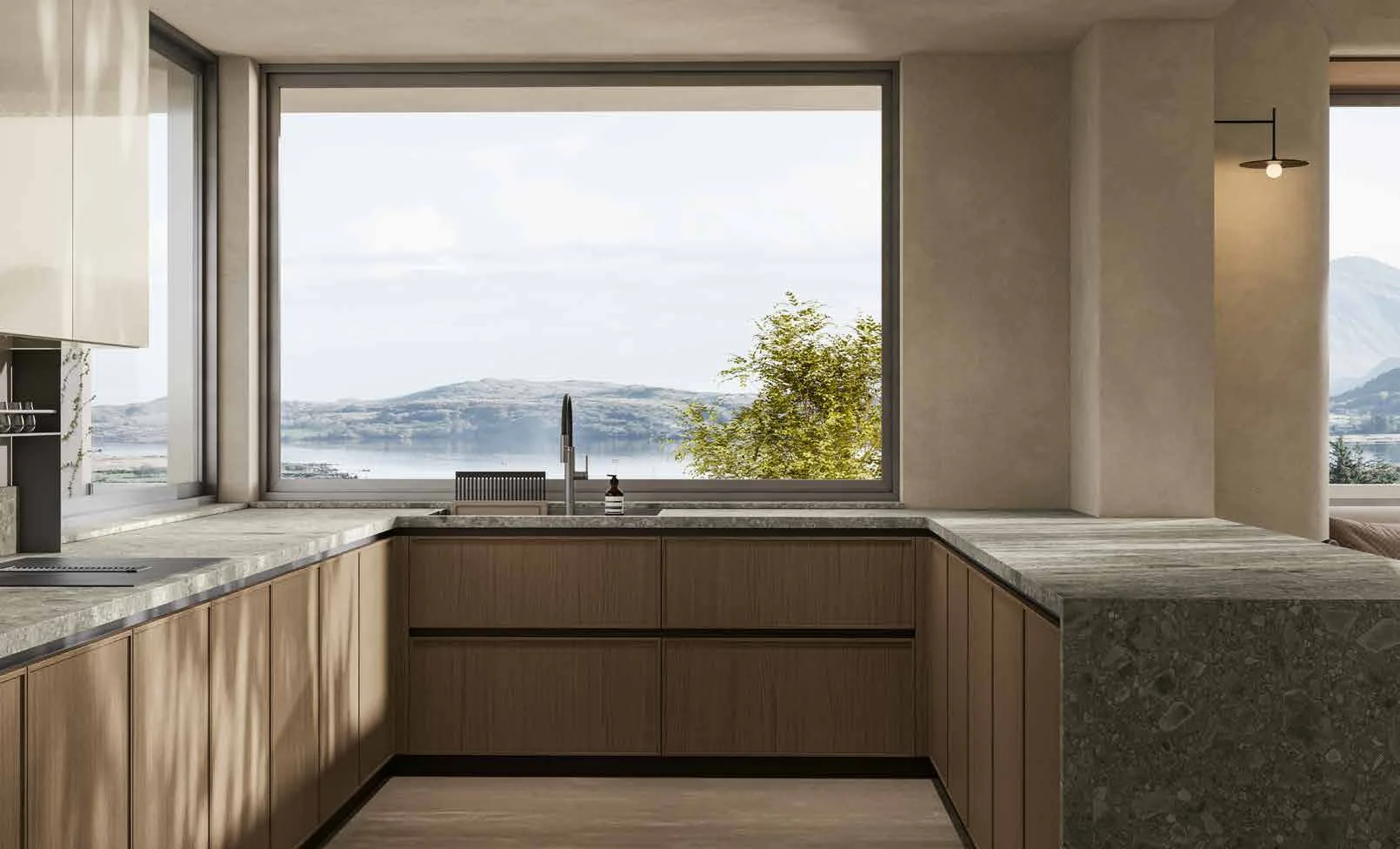 Cuisine Arrex en noyer ouverte sur le paysage
