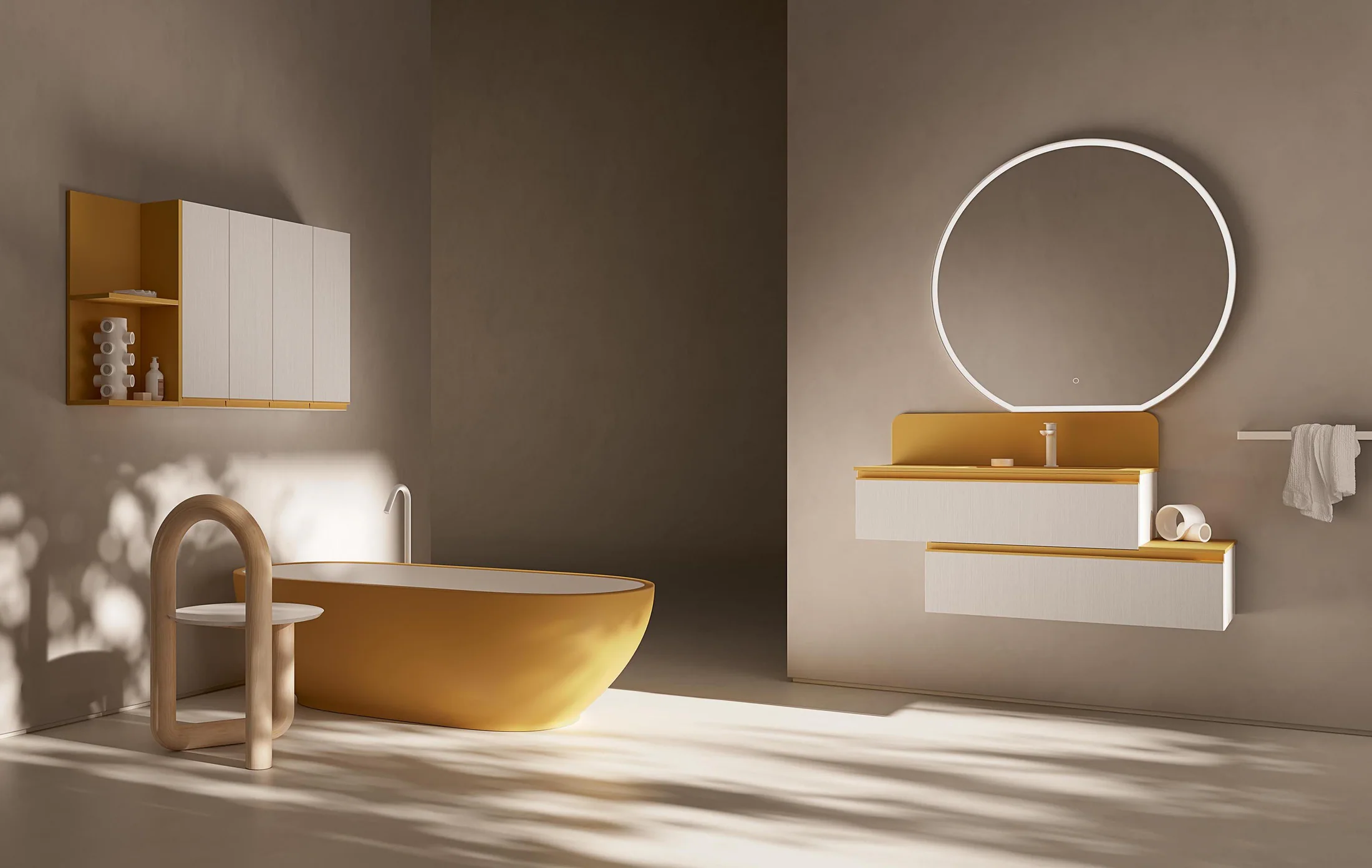 Salle de bain Compab avec baignoire ambre et lumière rasante
