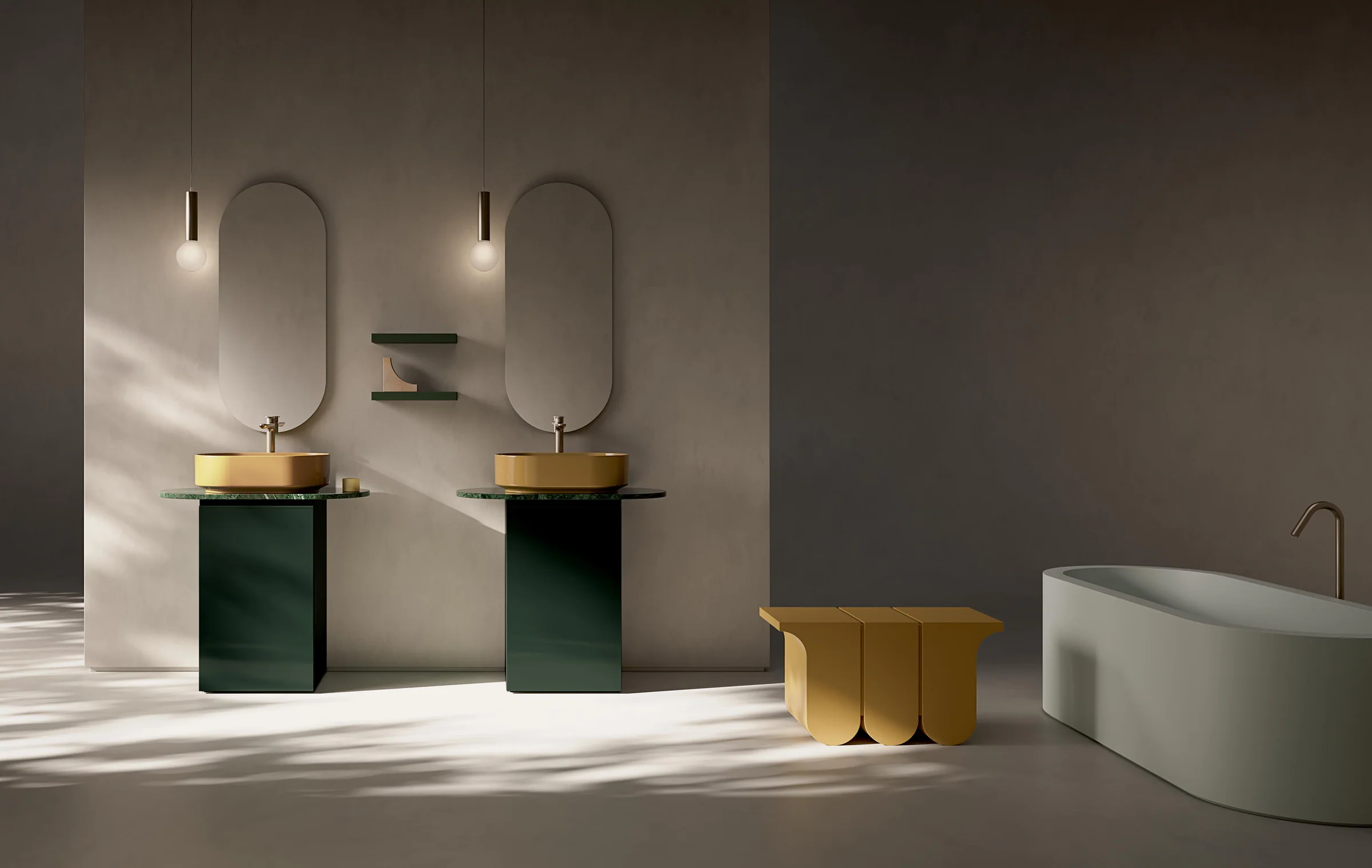 Salle de bain Compab en noyer avec baignoire sculpturale