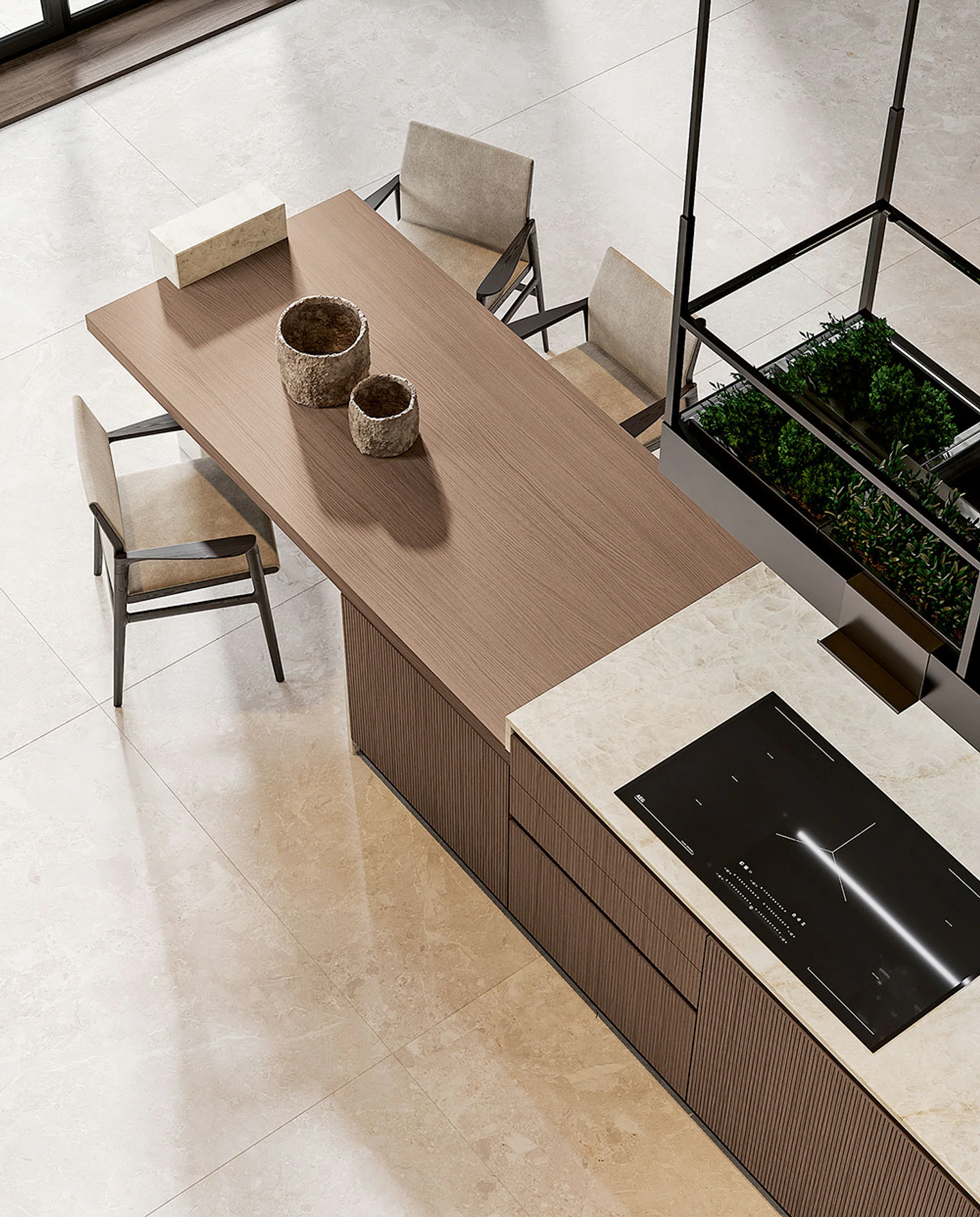 Détail d’un îlot Arrex avec cuisson intégrée
