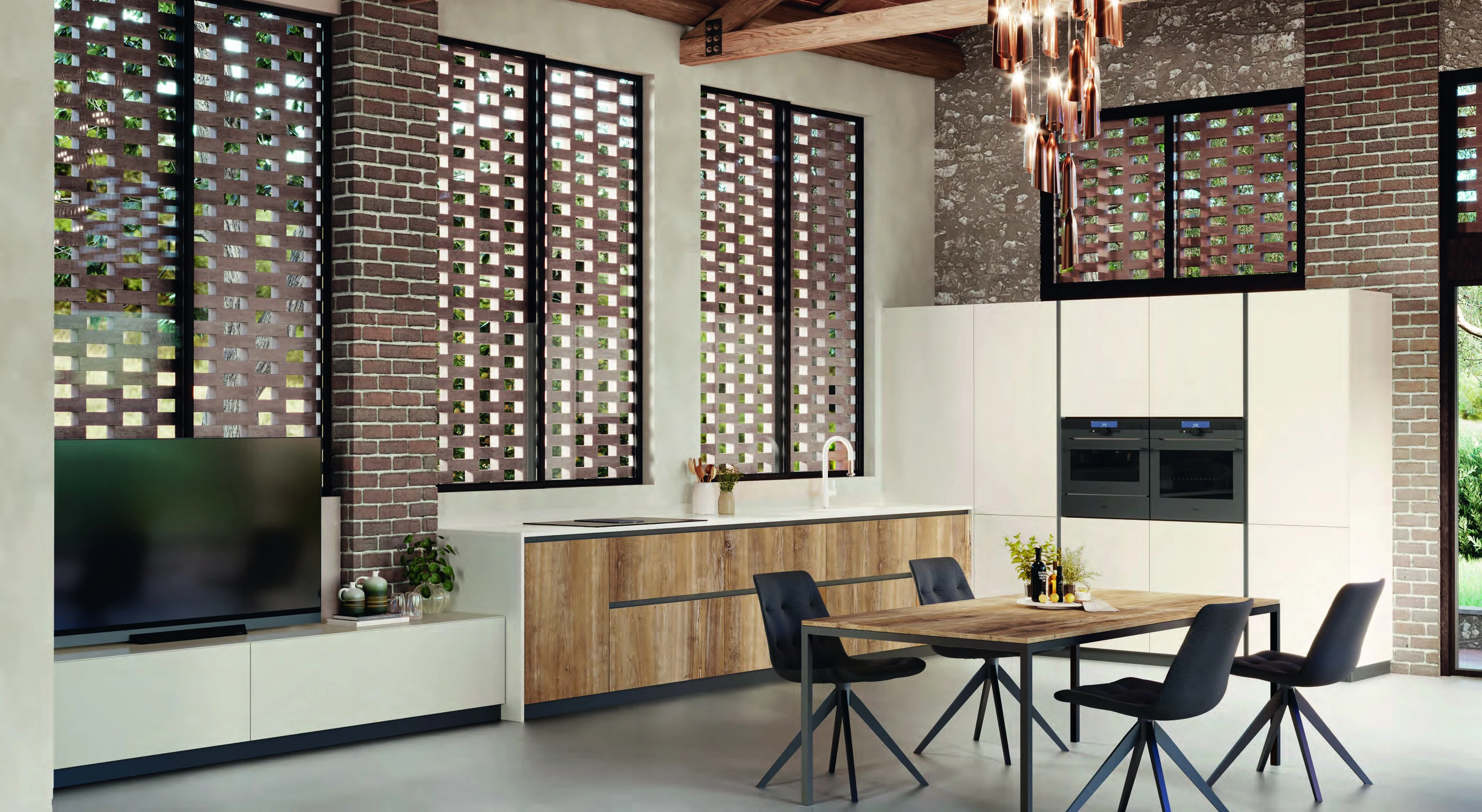 Cuisine Arrex claire associant façades blanches et bois