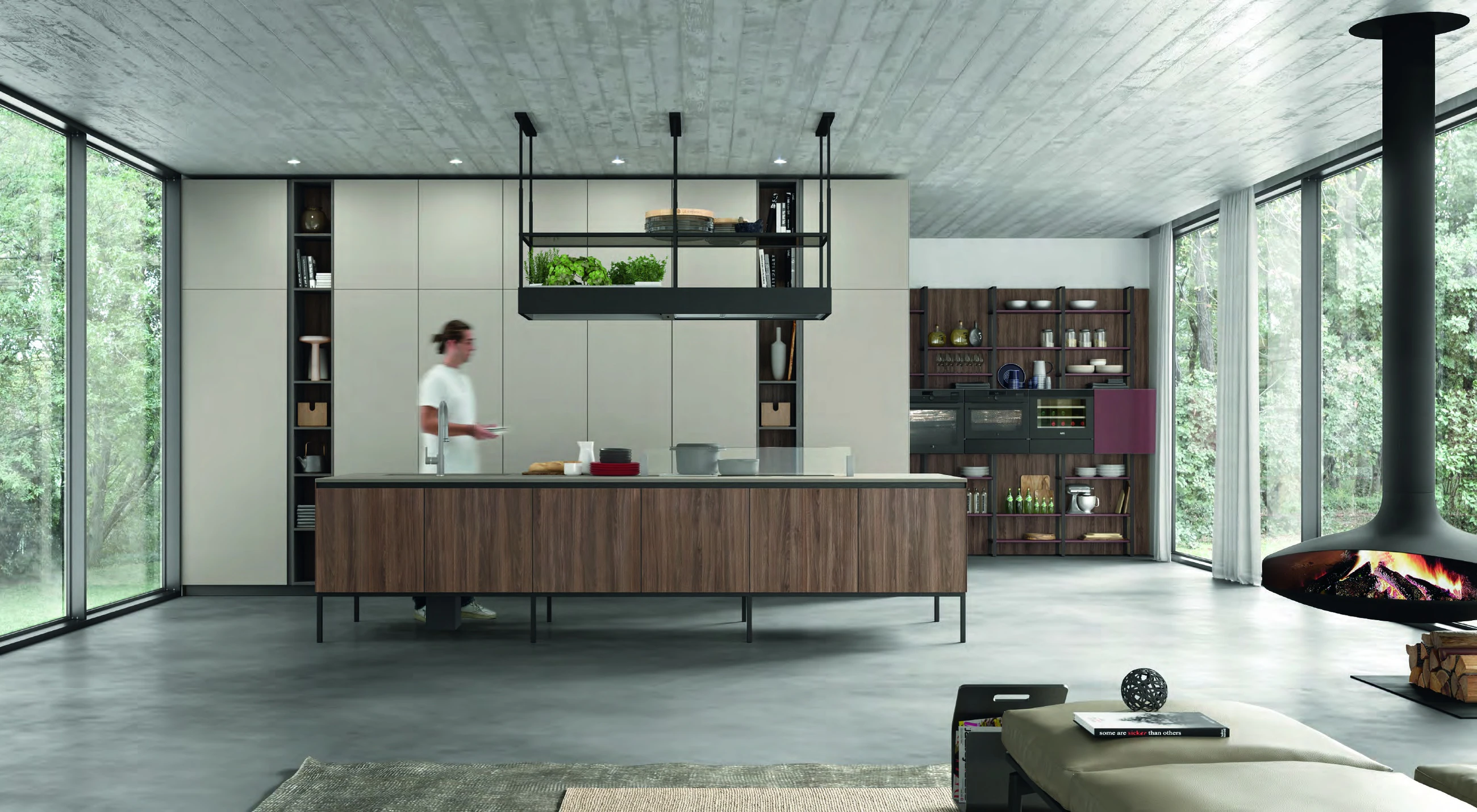 Cuisine Arrex composée autour d’un îlot, de rangements et d’un espace de vie