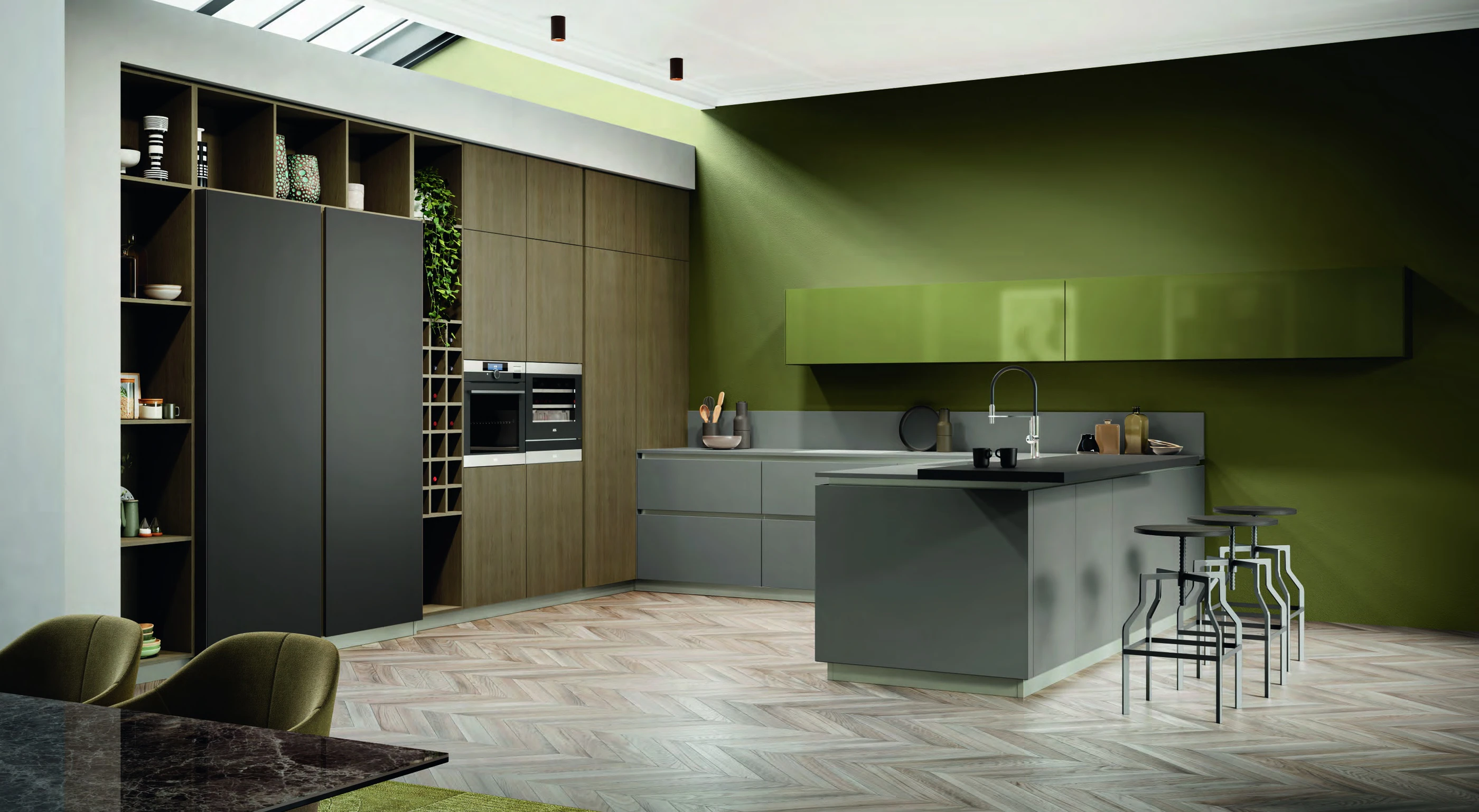 Cuisine et mobilier Arrex composés dans un espace vert et boisé